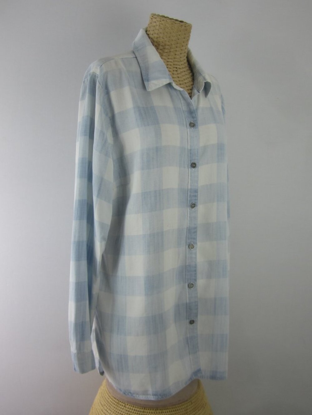 Soft Surroundings Women L Blue White Buffalo Plaid Button LS  Shirt Top Soft